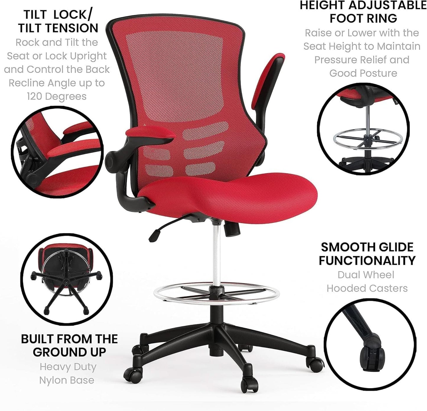 Kelista Red Mid Back Swivel Office Chair With Flip Armrests