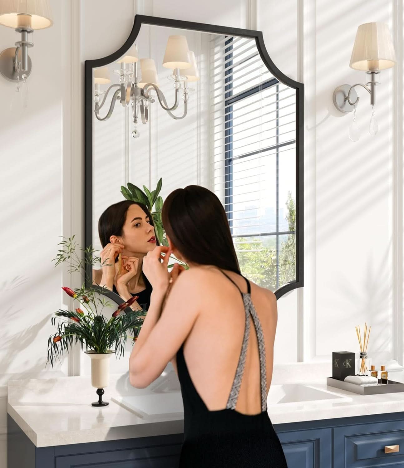 30x40 Black Bathroom Mirror With Gold Scalloped Frame