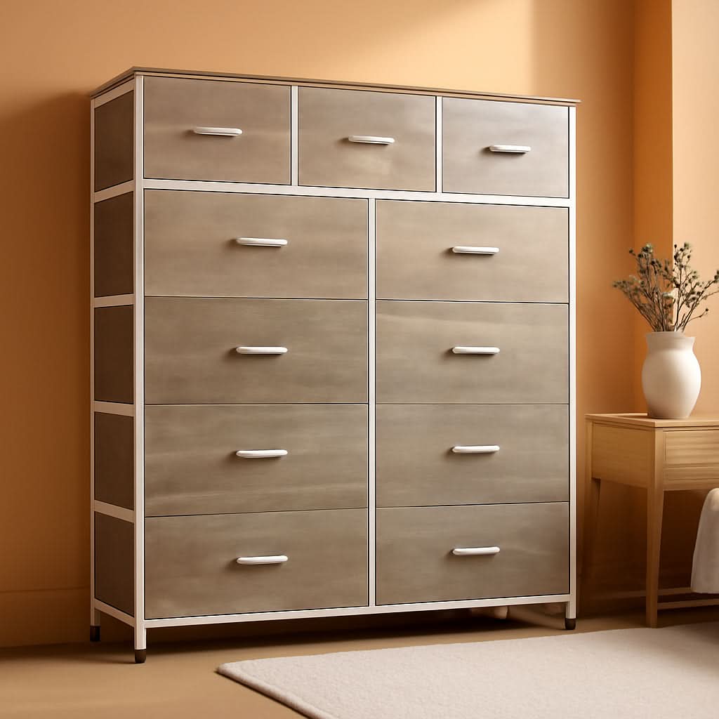 Tall Fabric Dresser Storage Tower 11 Drawer Greige Bedroom