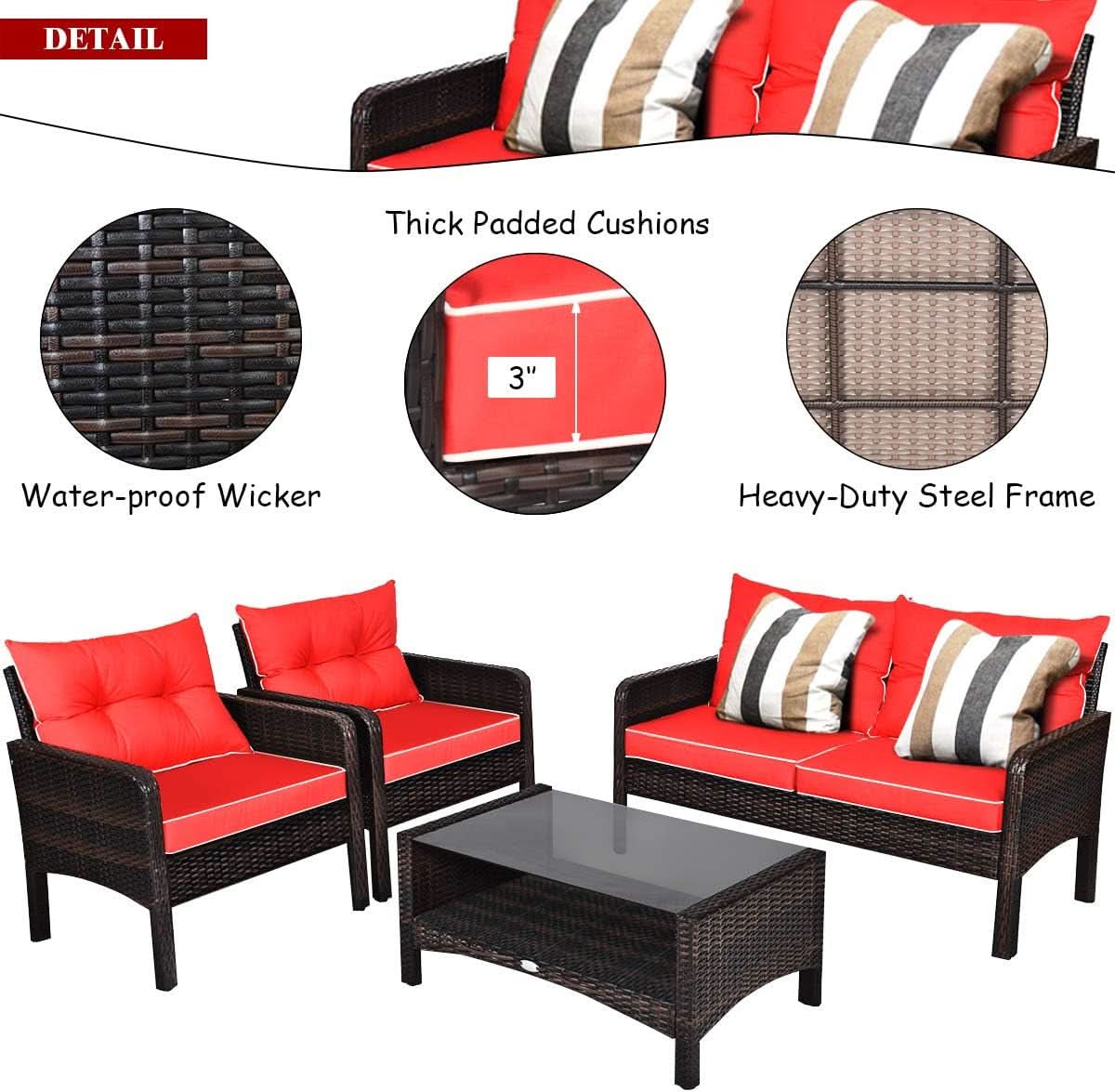 4 Piece Outdoor Wicker Patio Furniture Set with Cushions