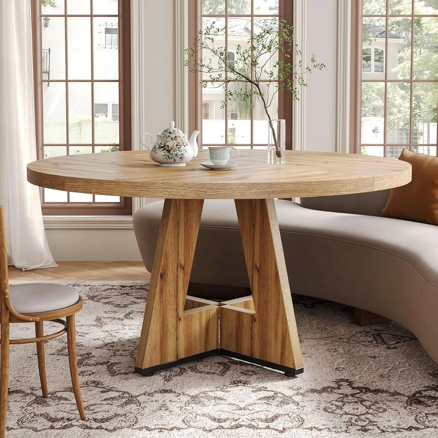 Round Dining Table 47 Inch For 4 To 6 With Wooden Pedestal