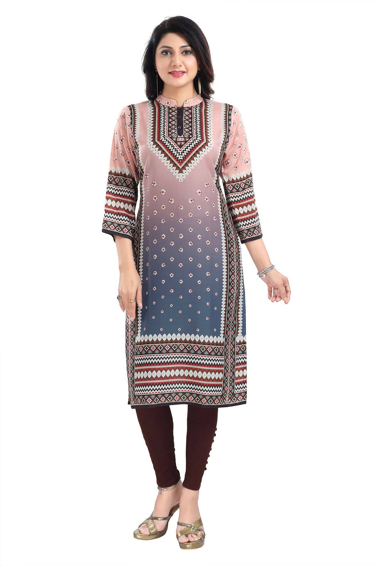 Snehal Creations Pinky Peach Designer Digital Print Masleen Fabric Long Kurti Tunic
