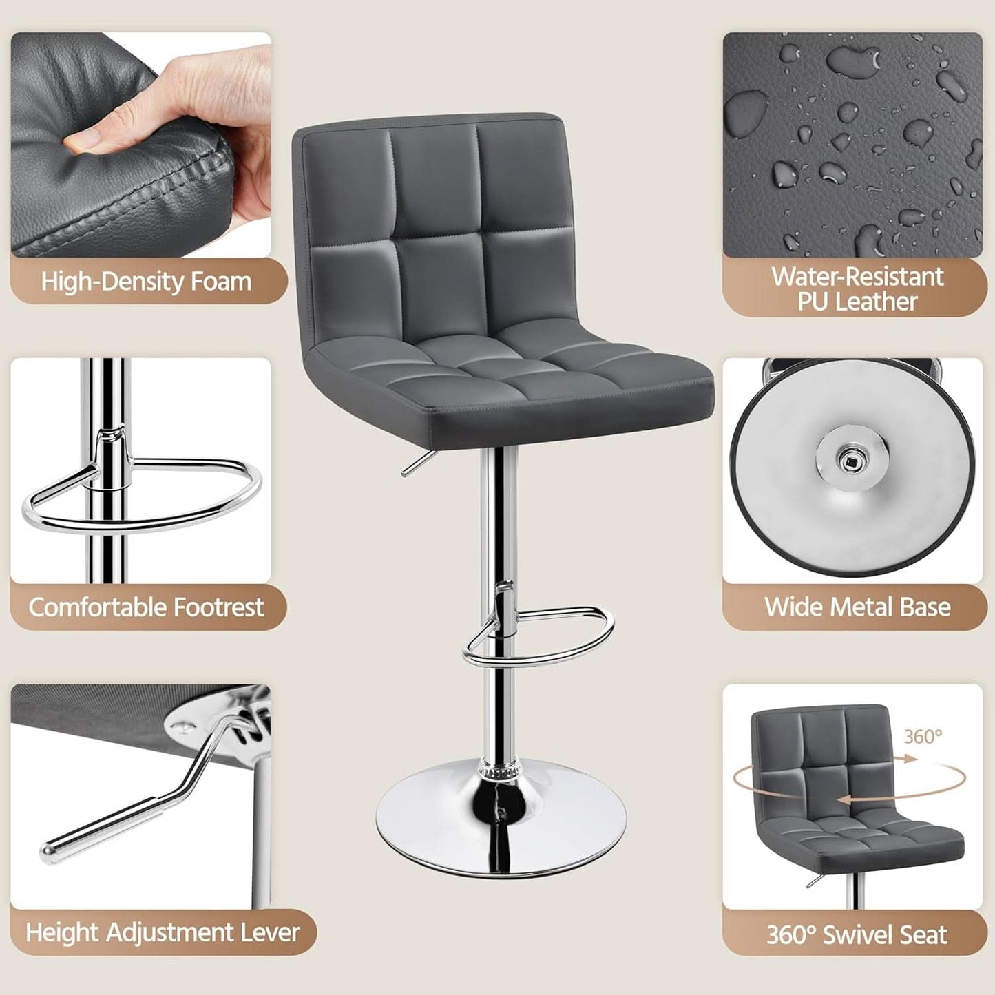 Bar Stools Set of 2, PU Leather Swivel Backrest, Gray