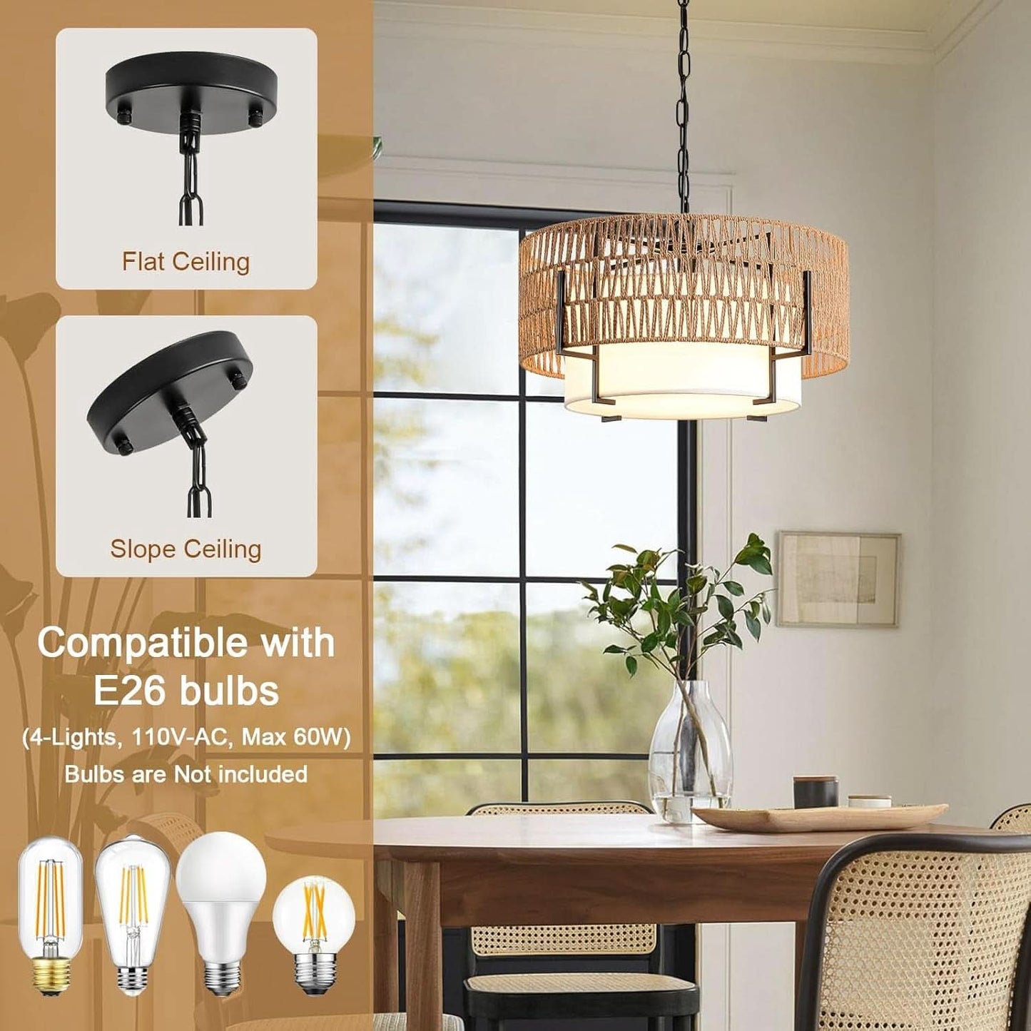 Boho Rattan Chandelier Pendant Light Natural Finish