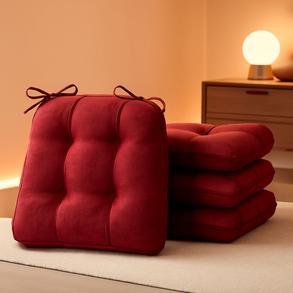 Red Tufted Memory Foam Chair Cushions 4 Pack Non Slip Ties