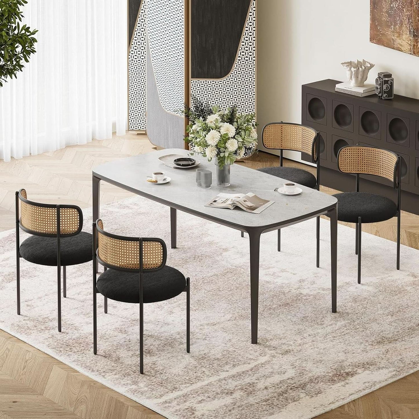 Set Of 4 Dining Chairs Mid Century Modern Rattan Back Upholstered Sherpa Black