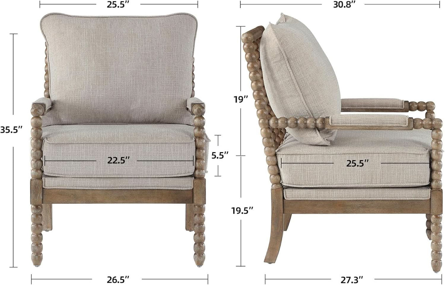 Linen Spindle Accent Chairs Set Of 2 Cushioned Armrests
