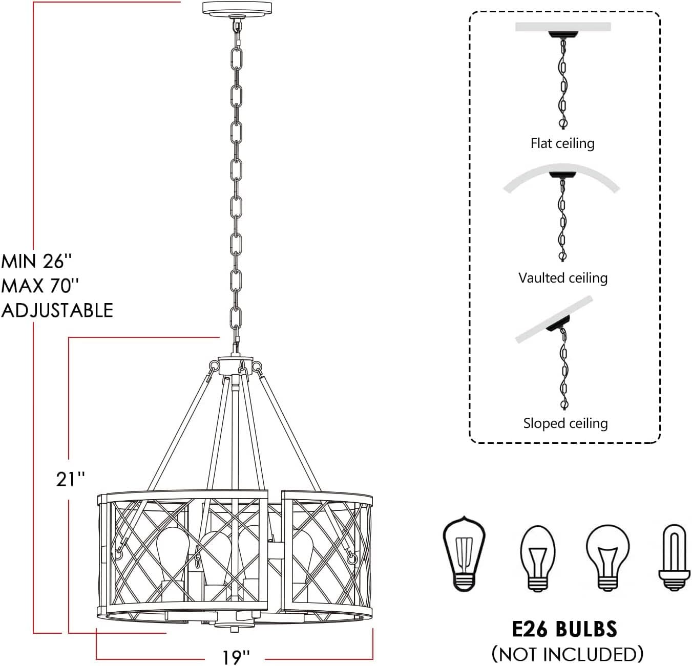 D19 Inch Farmhouse Chandelier 4 Light Pendant Black Oak