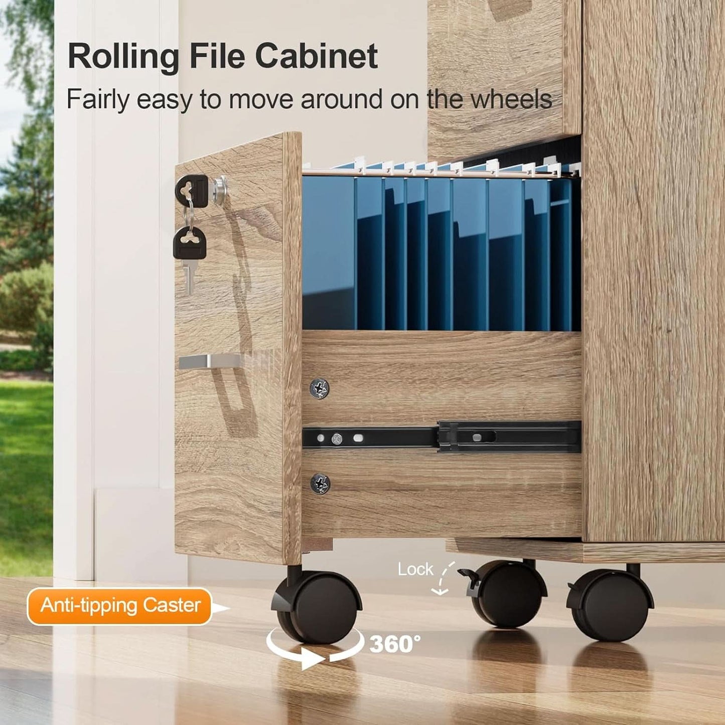 Oak 3 Drawer File Cabinet With Lock Rolling Printer Stand