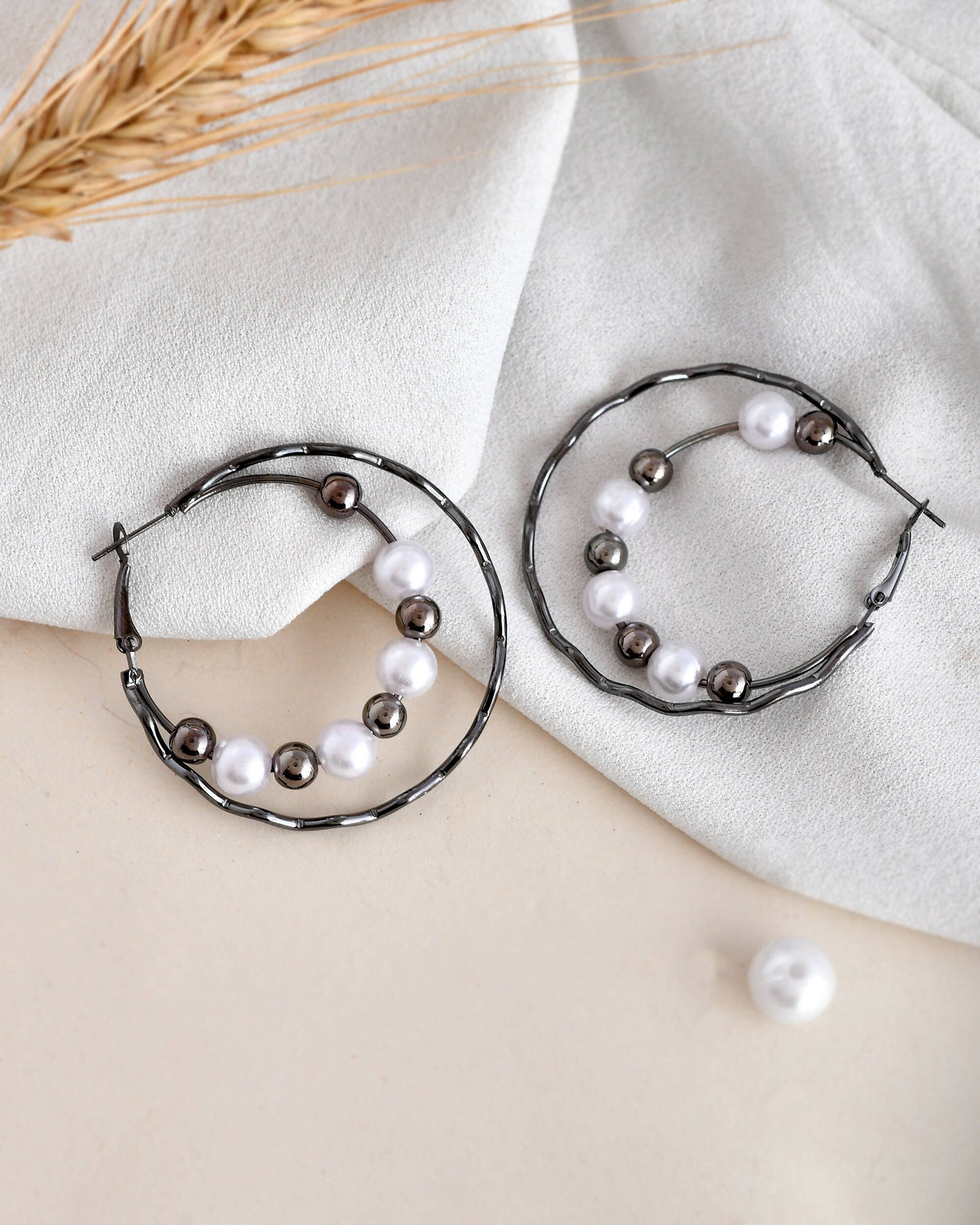 VOJ Women Rhodium-Plated Pearl Stainless Steel Hoop Earrings