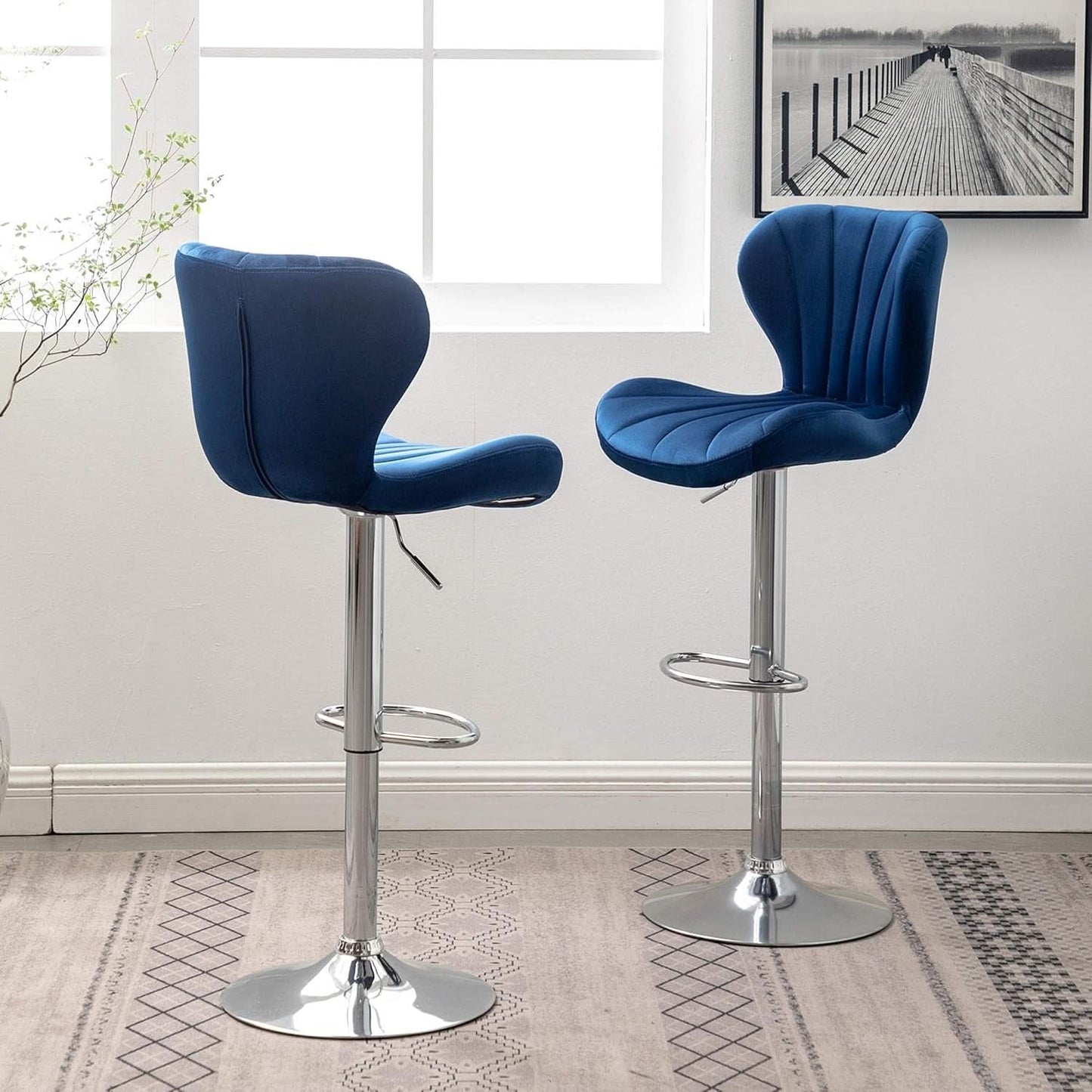Blue Velvet Adjustable Swivel Bar Stools Set of 2 Modern