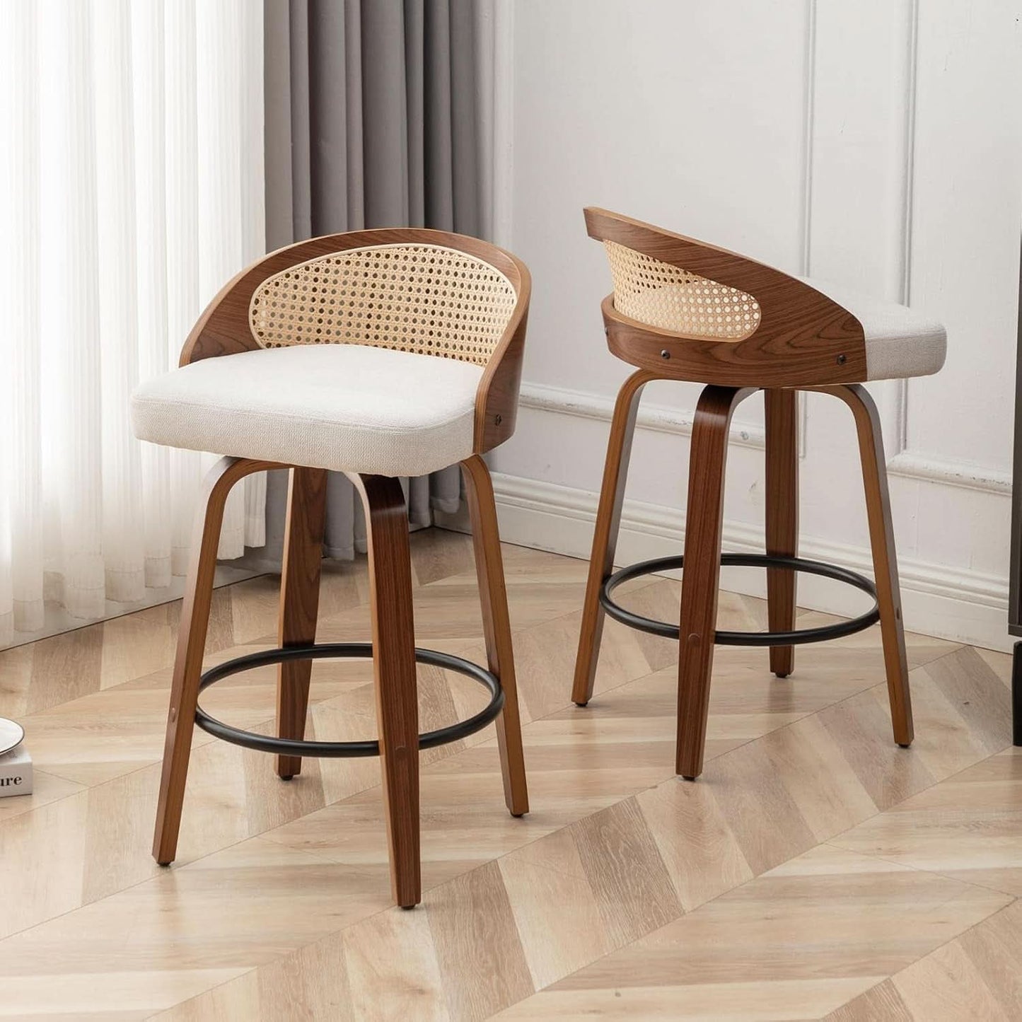 Set Of Two 25 Inch Beige Rattan Swivel Counter Stools With Linen Upholstery Mid Century Modern