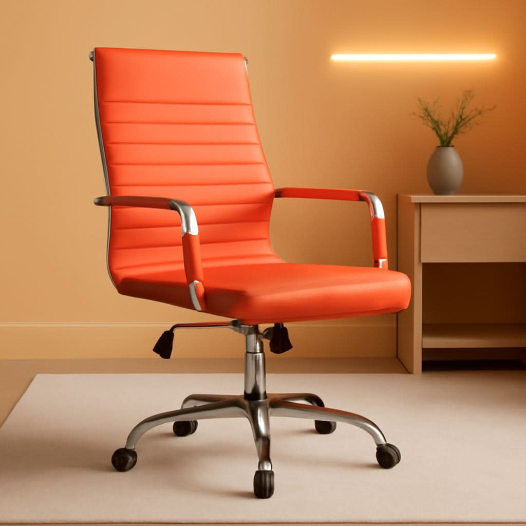 Orange Ribbed Leather Office Desk Chair Adjustable Height