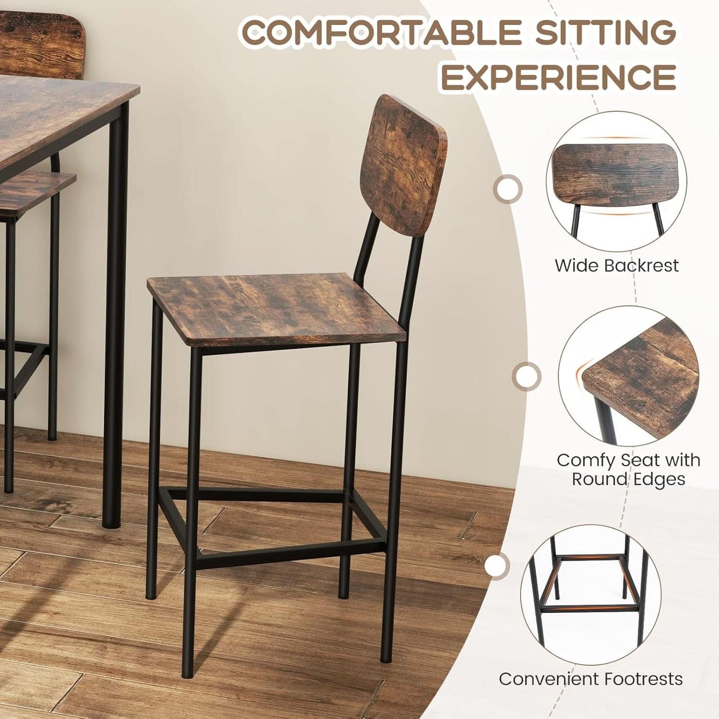 Counter Height Industrial Dining Table Set 36x36 Bar Stools