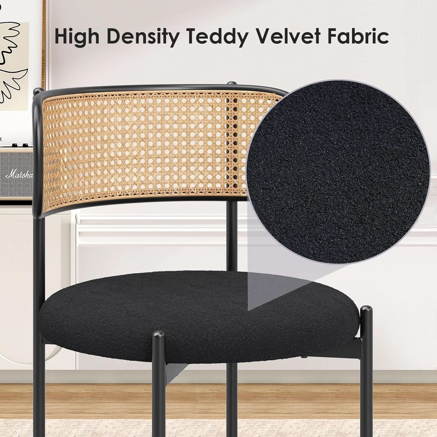 Set Of 4 Dining Chairs Mid Century Modern Rattan Back Upholstered Sherpa Black