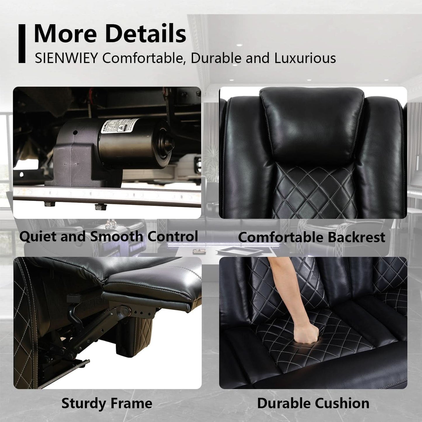 Black Leather Reclining Sofa Set With LED Light Living Room