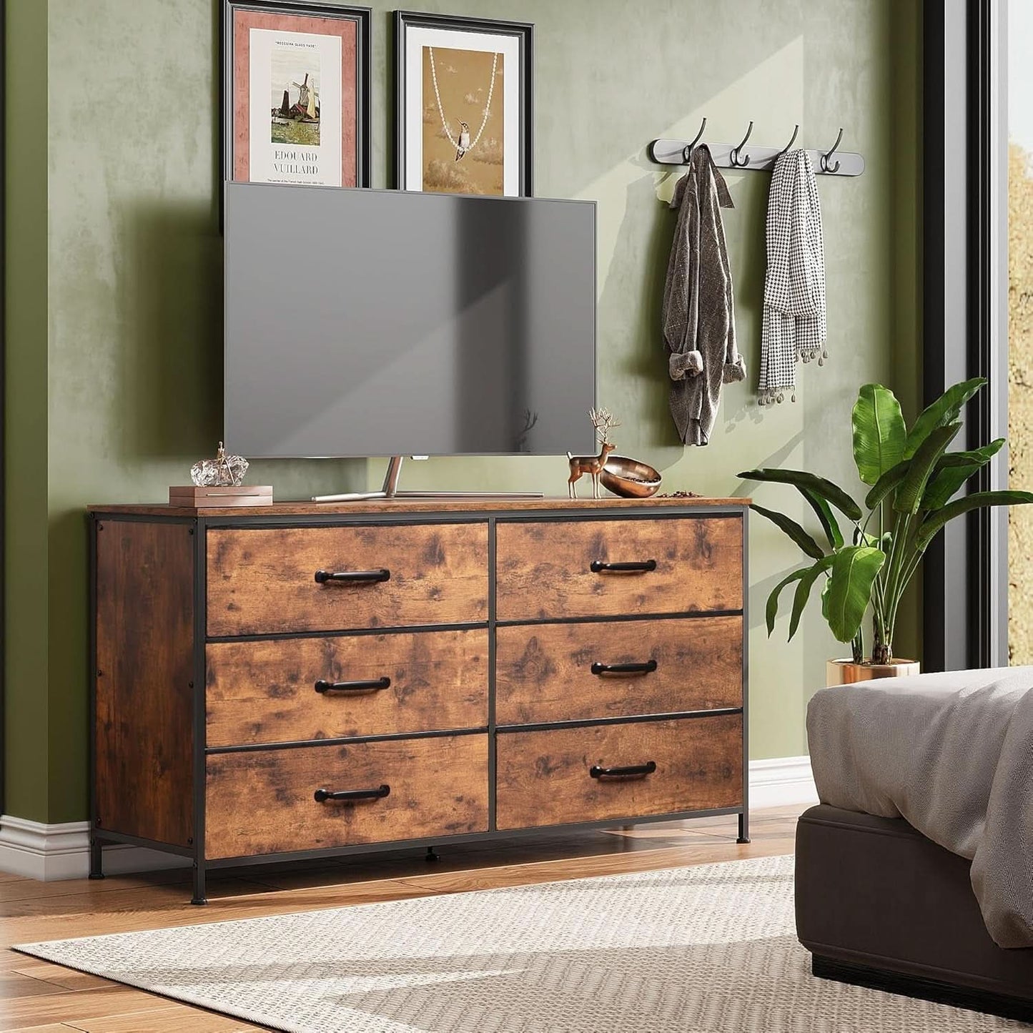 Wide Fabric Dresser TV Stand With 6 Drawers Rustic Brown
