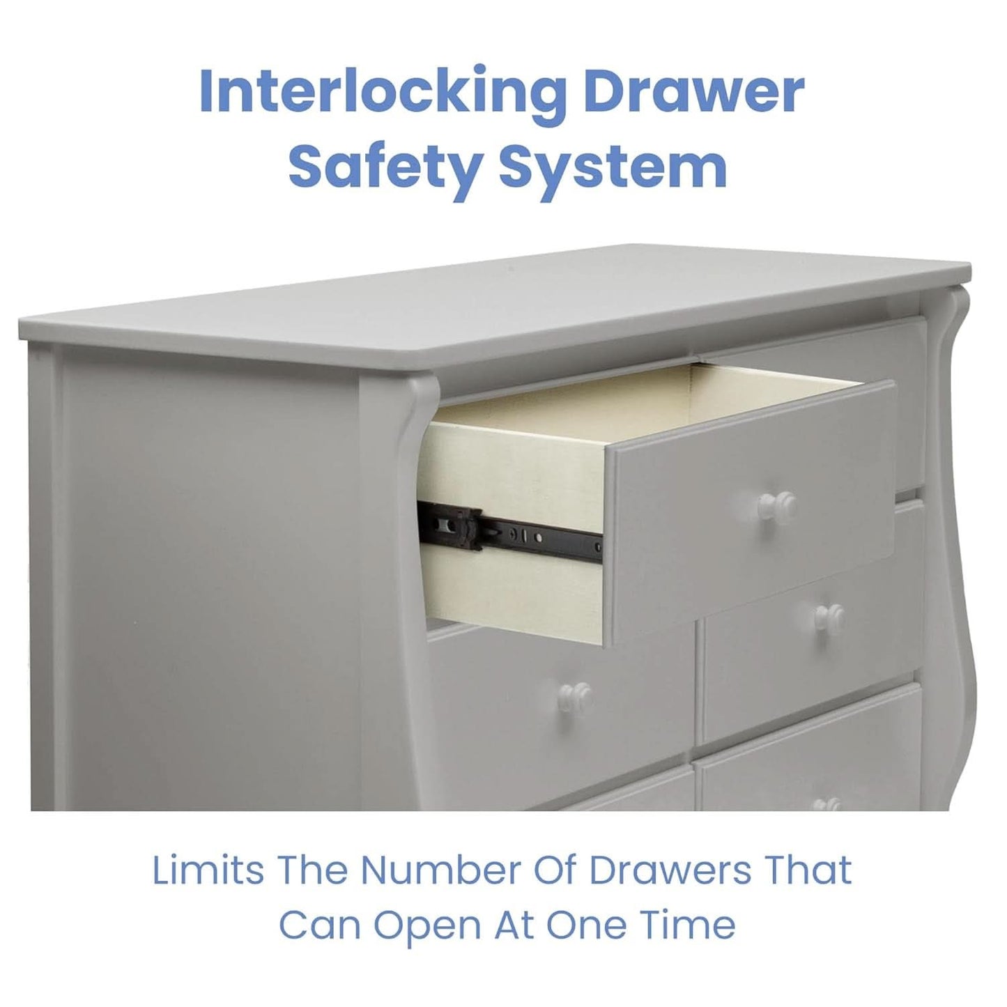Six Drawer Dresser In Grey With Interlocking Drawers