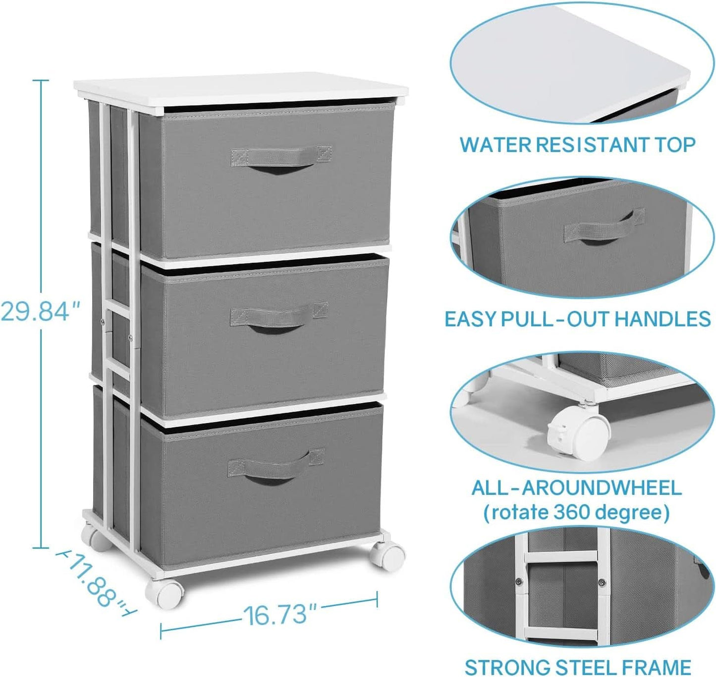 Dresser Tower 3 Drawer Dark Grey With Wood Top And Wheels
