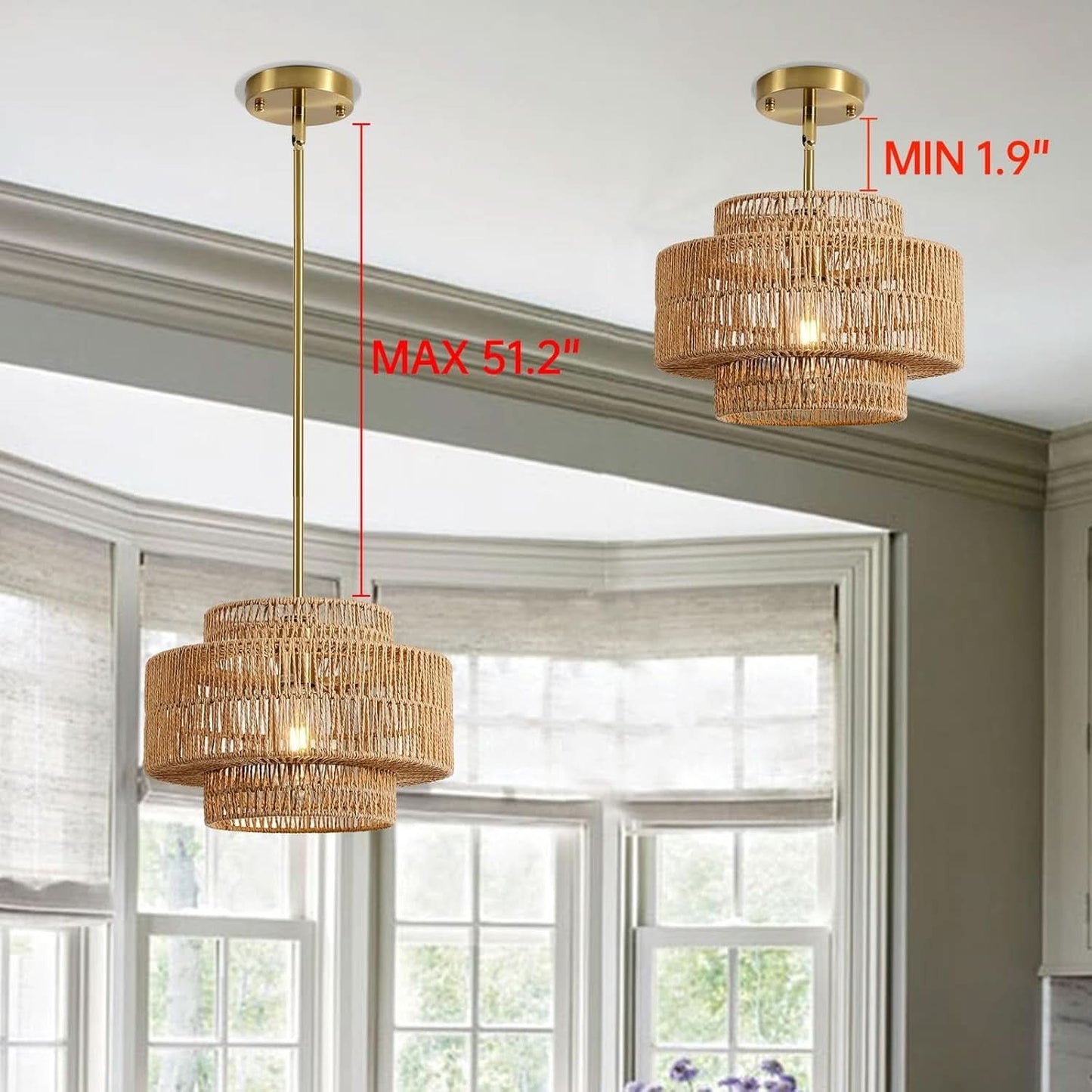 Boho Rattan Chandelier Handwoven Pendant Light Natural