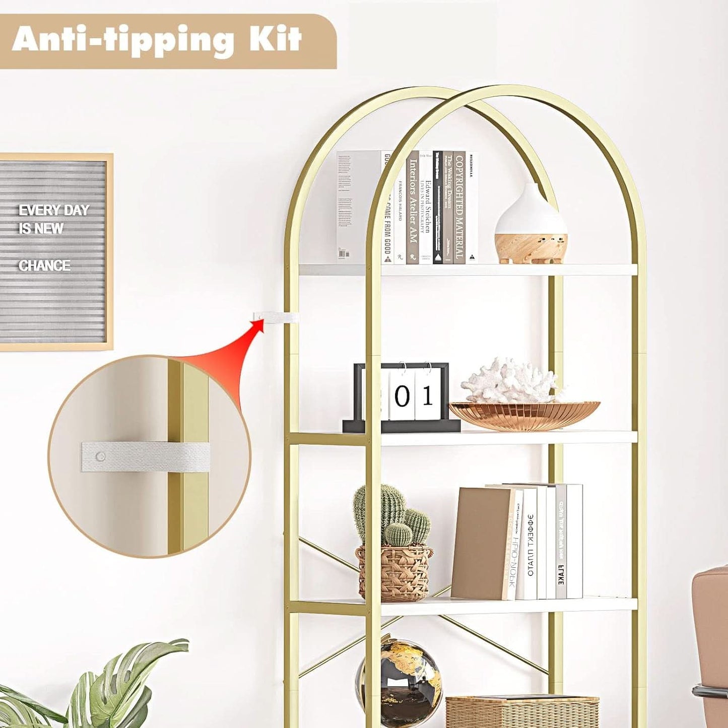 5 Tier Bookshelf Arched Display White Gold Metal Frame Bookcase