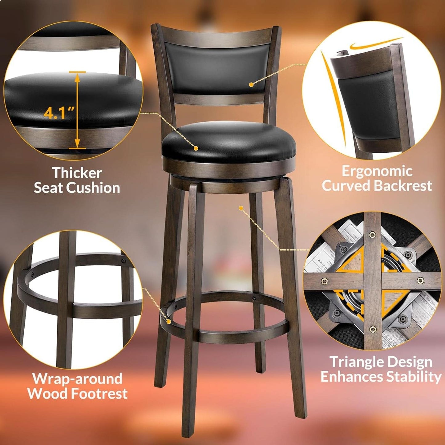Swivel Bar Stools Set of 2 Black Faux Leather 34 Inch