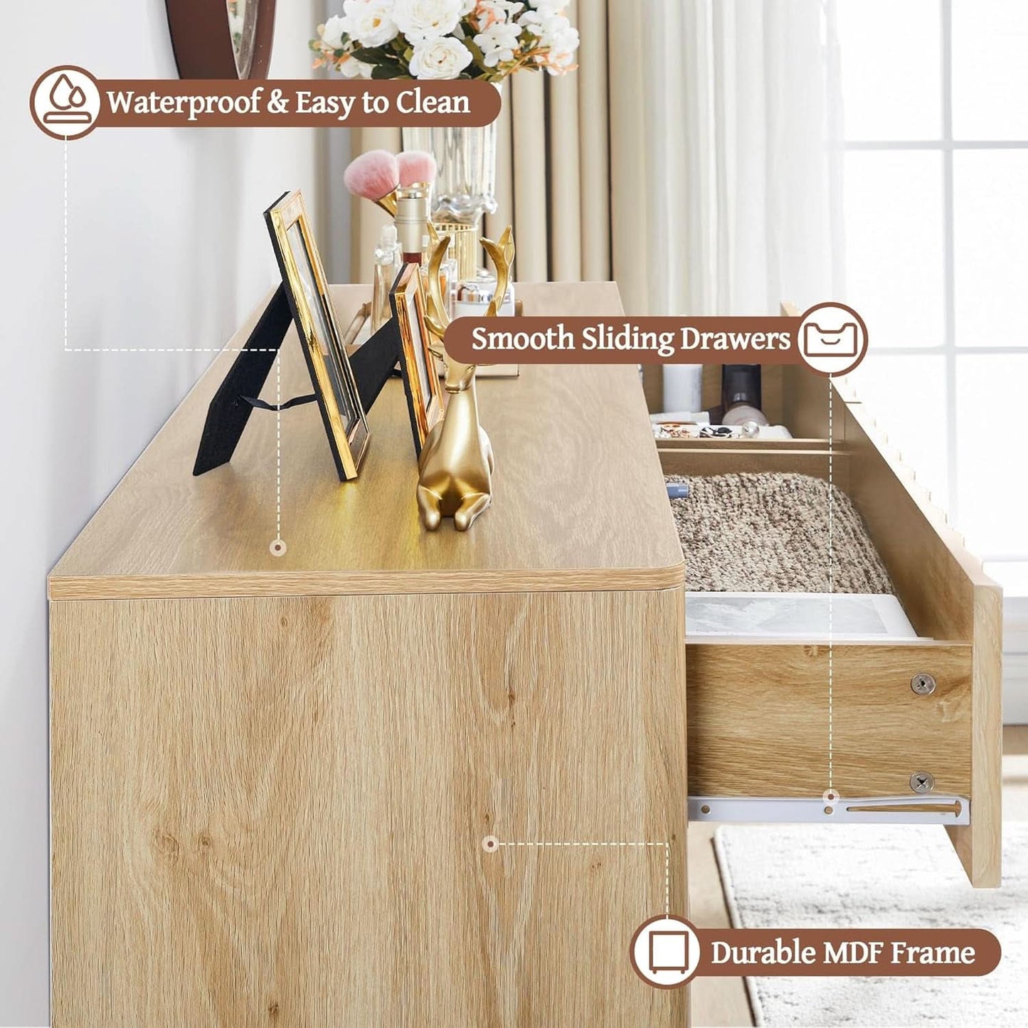 Fluted Six Drawer Dresser Walnut Finish FiftyThreeInchWide