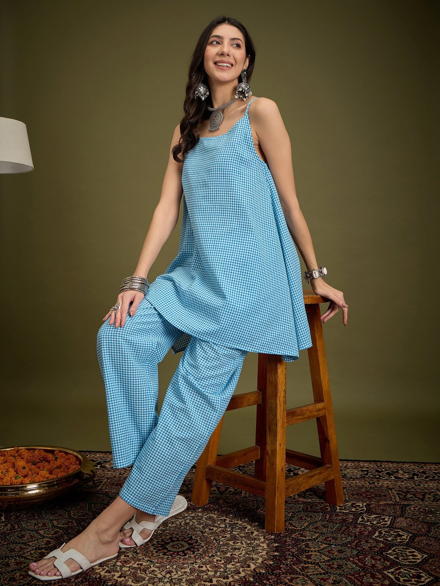 InWeave Cyan Blue Small Check Strappy Co Ord Set
