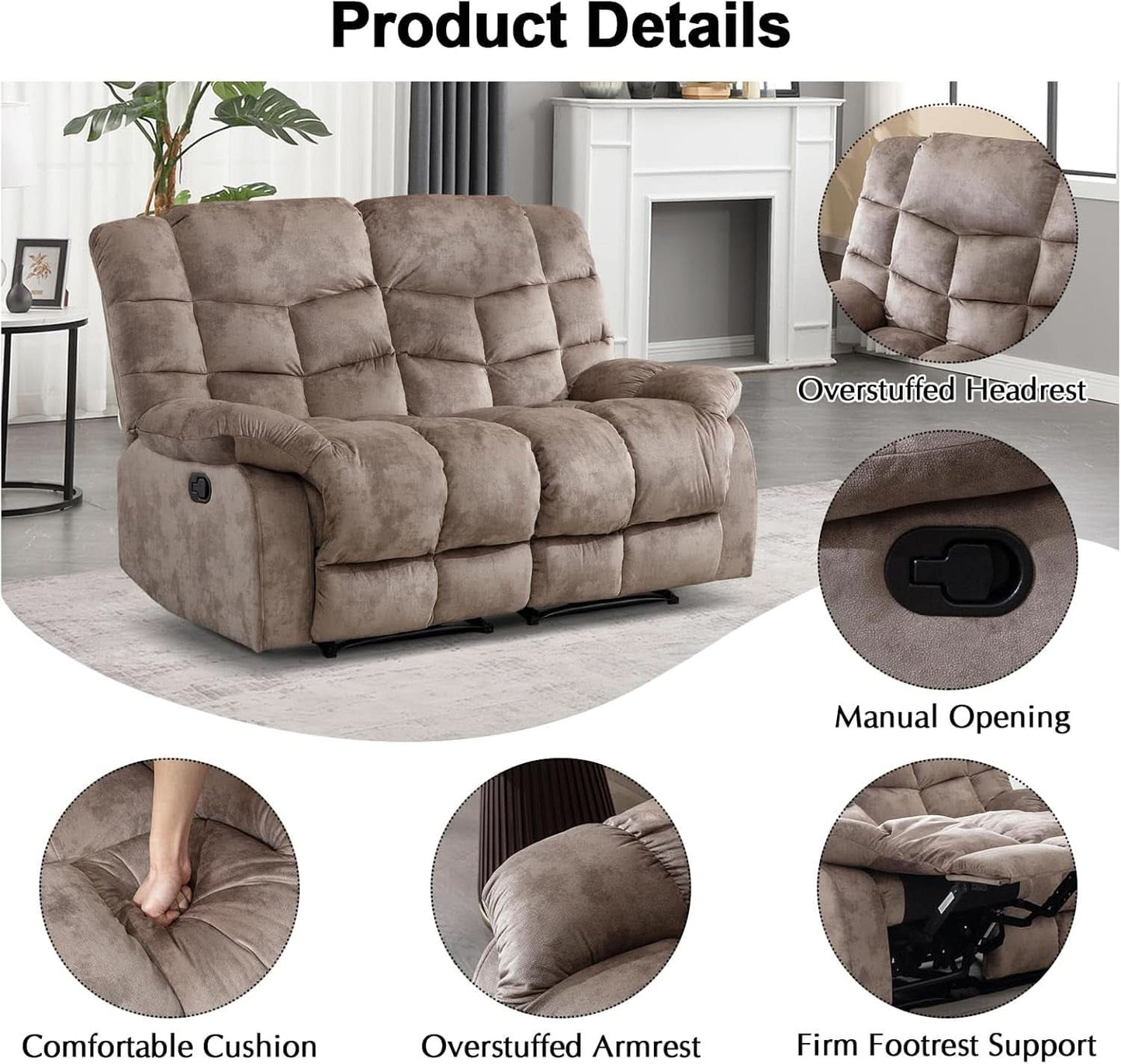Manual Two Seat Loveseat Recliner Sofa Light Brown