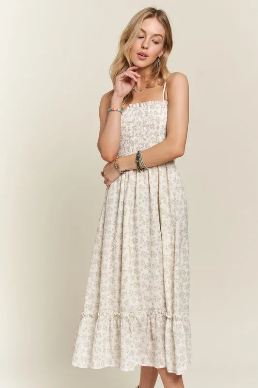 Smocked Floral Ruffled Hem Cami Dress For Women – Boho-Inspired Smocked Floral Cami Fluttering Dress with Playful Ruffled Hem