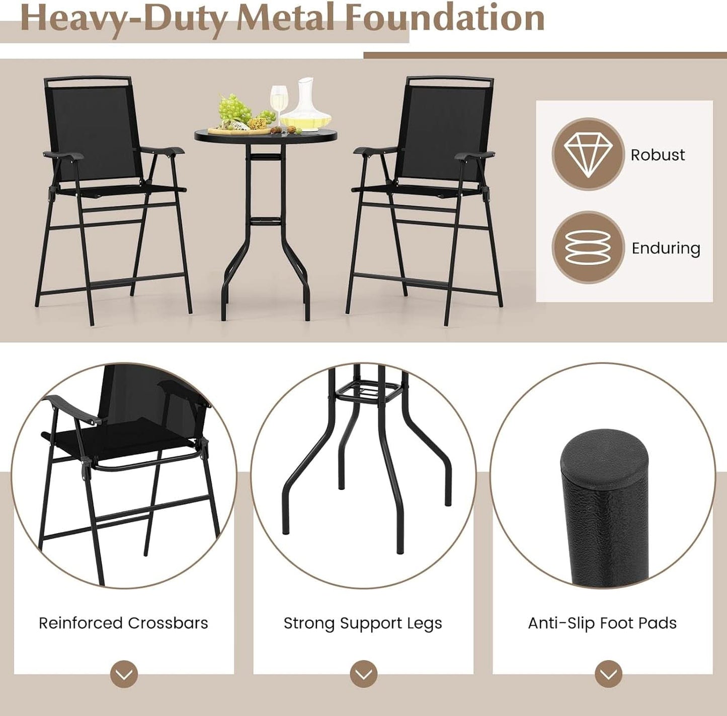 Patio Table And Chairs Set 3 Piece With DPC Tabletop And Folding Counter Height Chairs