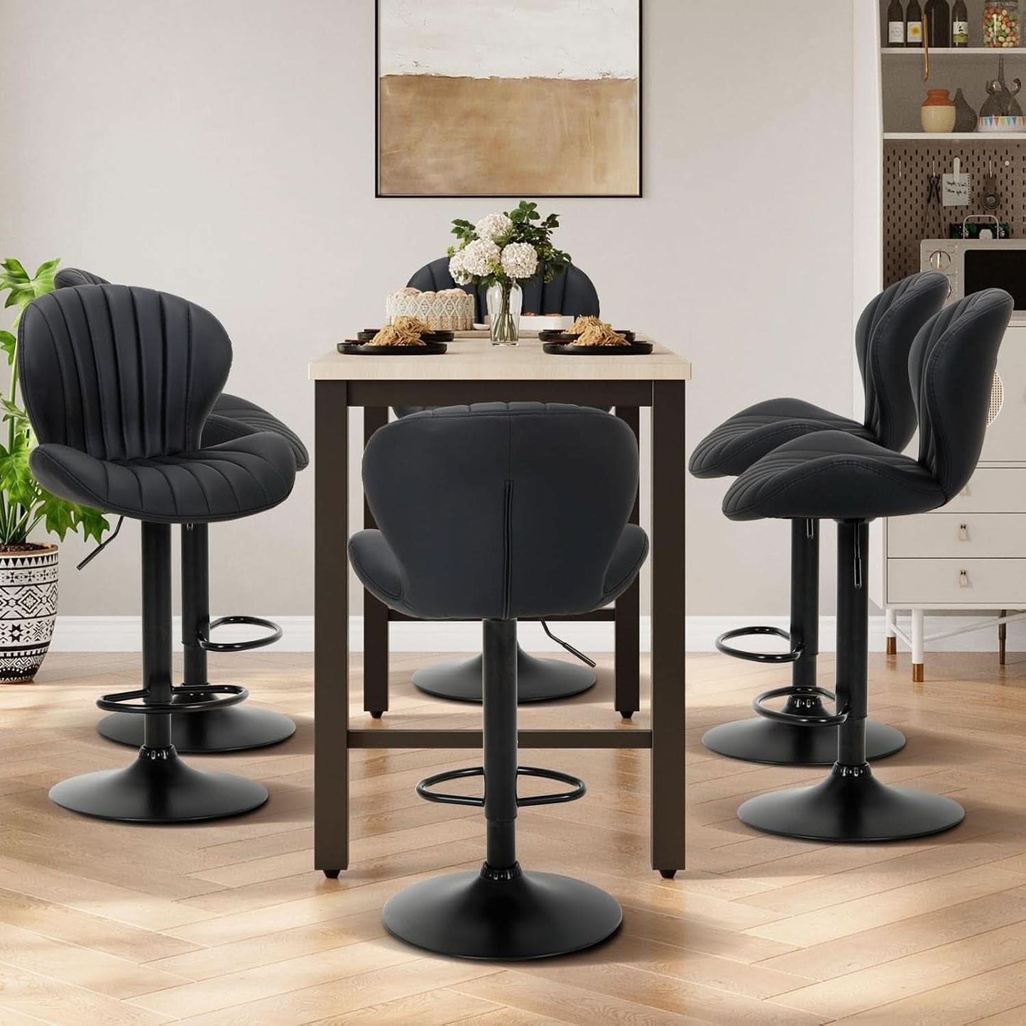 Black Adjustable Faux Leather Swivel Bar Stool Set Of Four