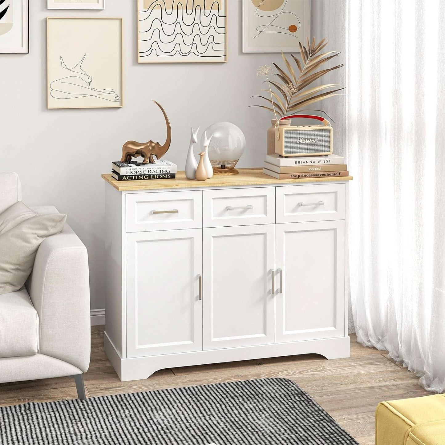 Sideboard Buffet Cabinet With 3 Storage Drawers And Adjustable Shelf