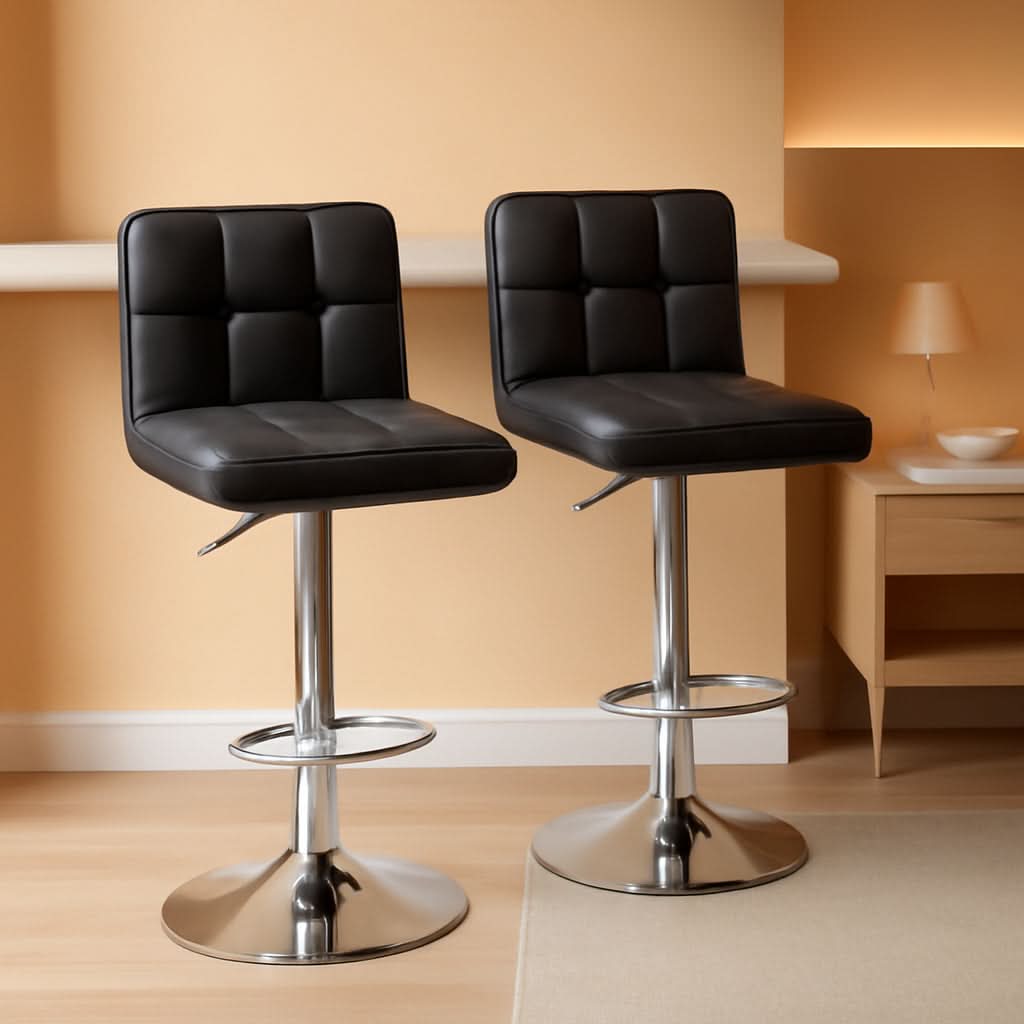 Bar Stools Set Of 2 Black PU Leather Swivel Adjustable Counter Height
