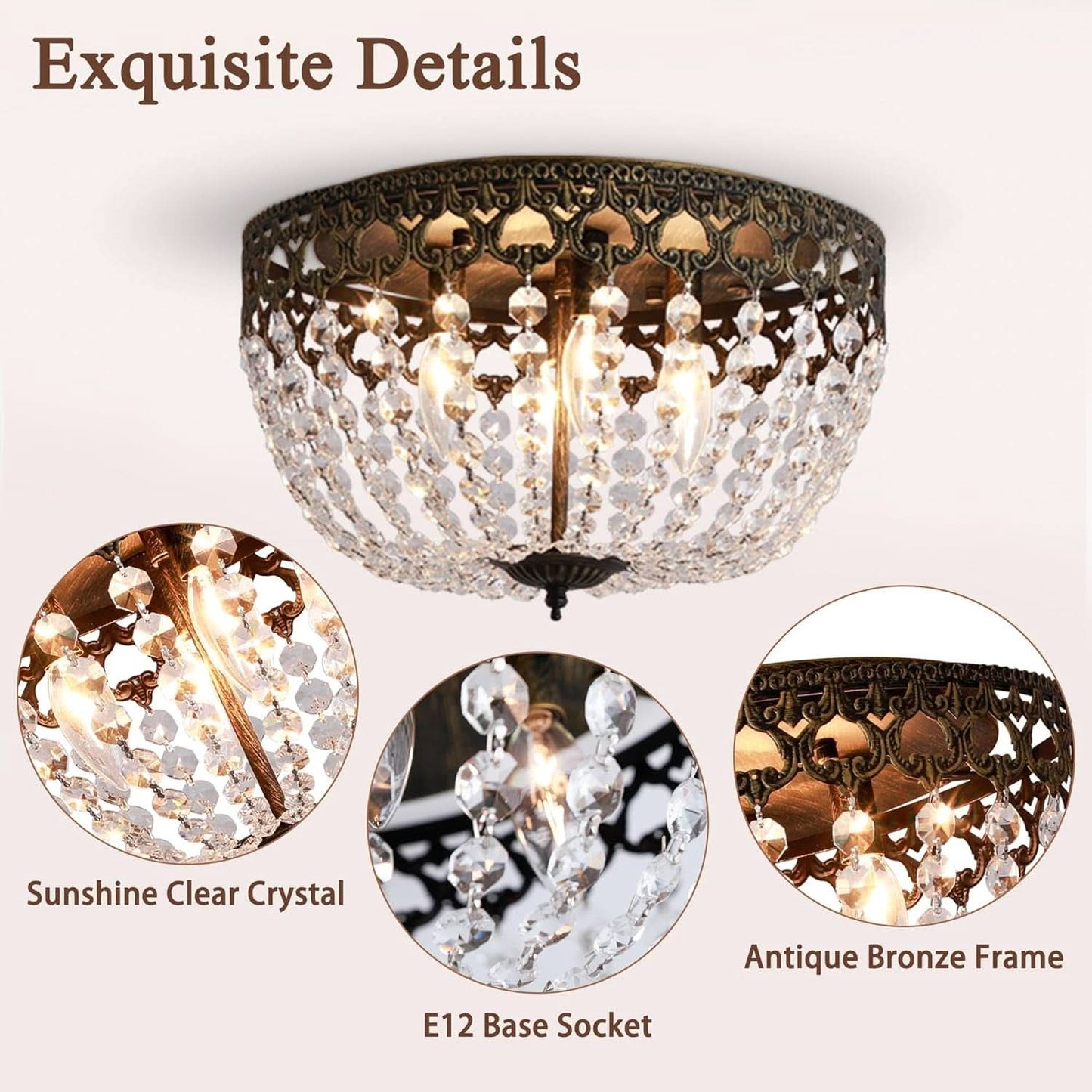 Bronze Crystal 15 Inch Four Light Flush Mount Ceiling Light