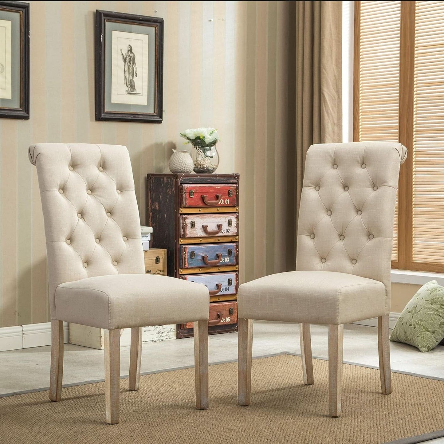 Tan Solid Wood Tufted Parsons Dining Chair Set Of 2
