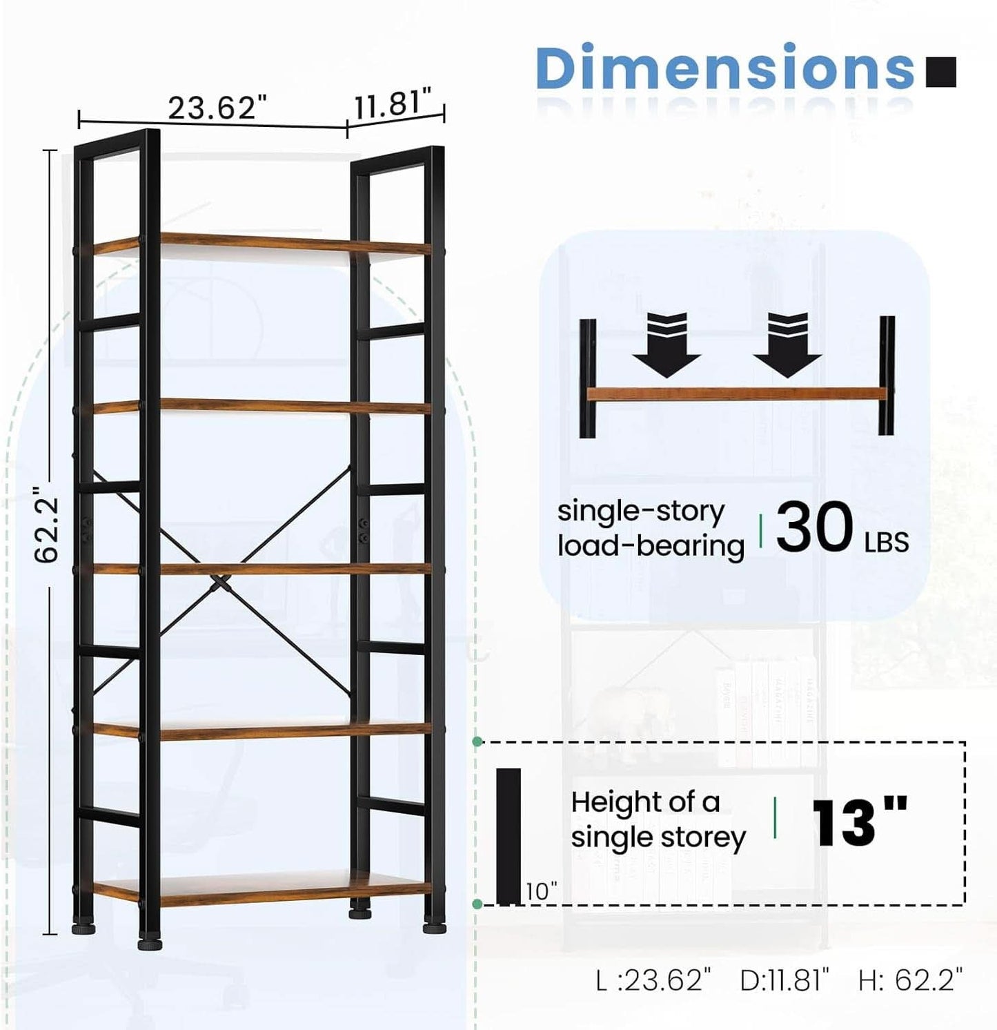 Rustic Brown Five Tier Bookshelf Narrow Space Saver