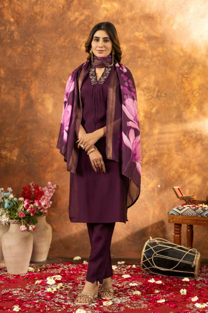 Wine Color V Neck Party Wear Pakistani Salwar Kameez by Infinity Export