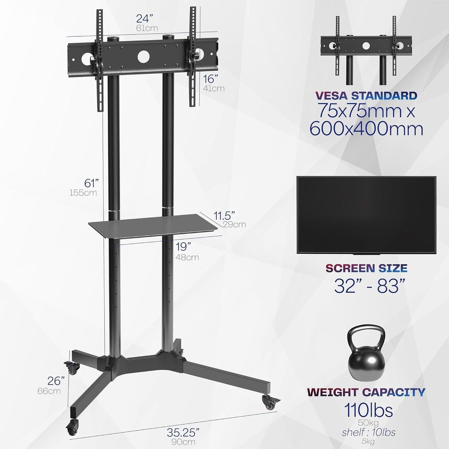 Mobile TV Cart 32 to 83 Inch Adjustable Height Tilt