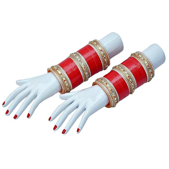 Tehzeeb Creations Bridal Bangle Set Red Golden & White Stone Chura Designer Fashion Choora Punjabi Chuda Set