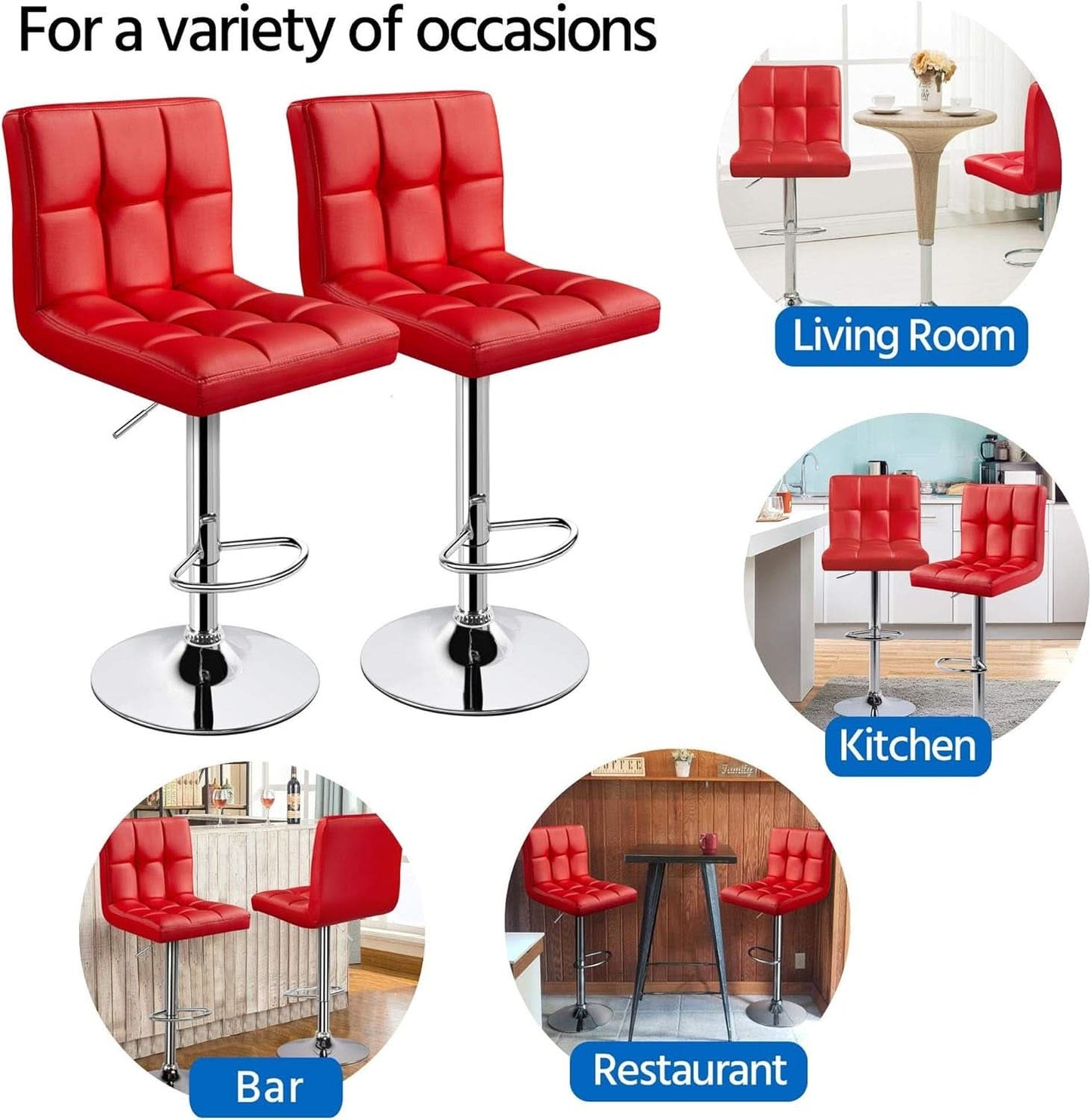 Red Adjustable PU Leather Swivel Bar Stools Set Of 2