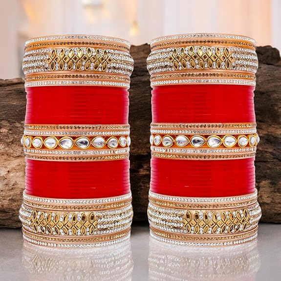 Tehzeeb Creations Bridal Bangle Set Red Designer White Kundan & Golden Stone Dulhan Chuda Fashion Punjabi Choora Wedding Chura For Women