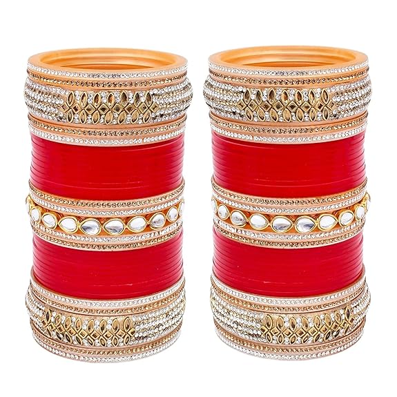 Tehzeeb Creations Bridal Bangle Set Red Designer White Kundan & Golden Stone Dulhan Chuda Fashion Punjabi Choora Wedding Chura For Women