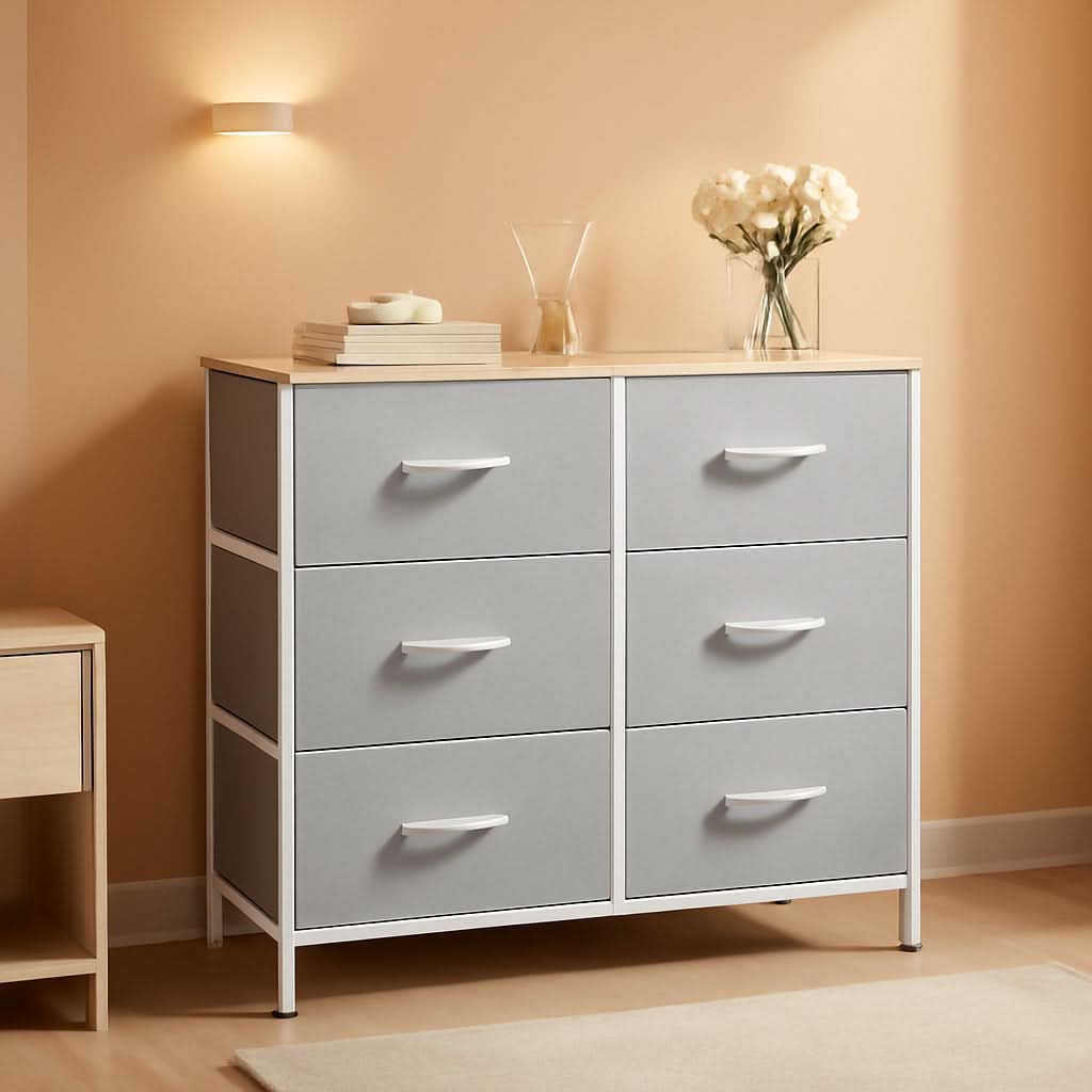 Light Grey Fabric Dresser With 6 Drawers And Fabric Bins