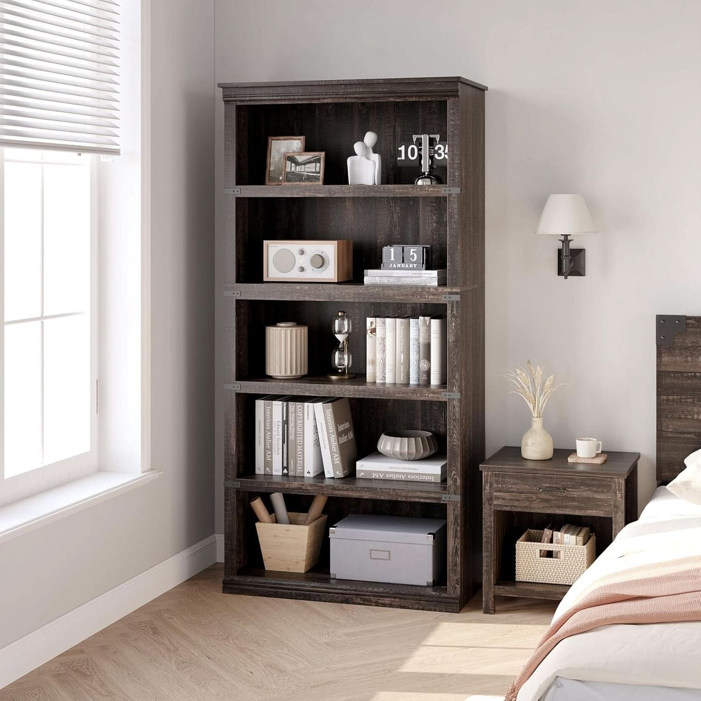 Farmhouse Cherry Bookcase 71 Inch Tall Sturdy Open Shelving