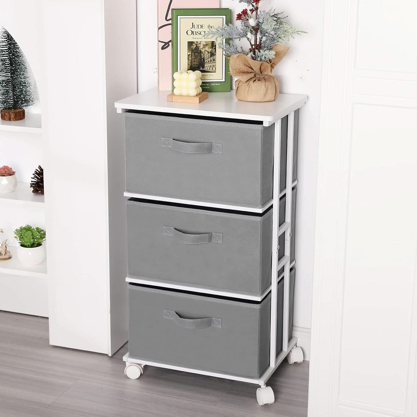 Dresser Tower 3 Drawer Dark Grey With Wood Top And Wheels