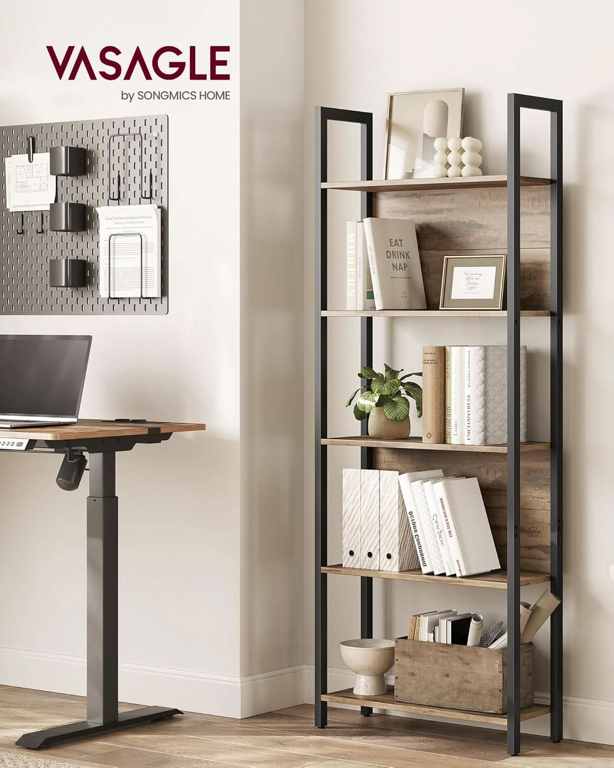 Five Tier Bookshelf With Steel Frame Camel Brown And Black