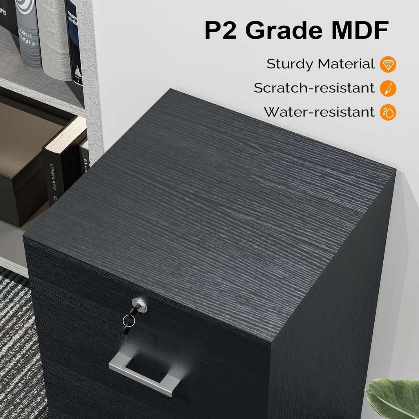 2 Drawer Rolling File Cabinet With Lock For Letter Size Folders Under Desk Black
