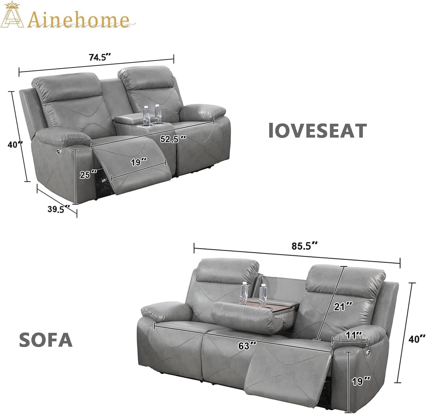 Power Leather Recliner Sofa Set, 2 Piece With LED Lights And USB Ports, Grey