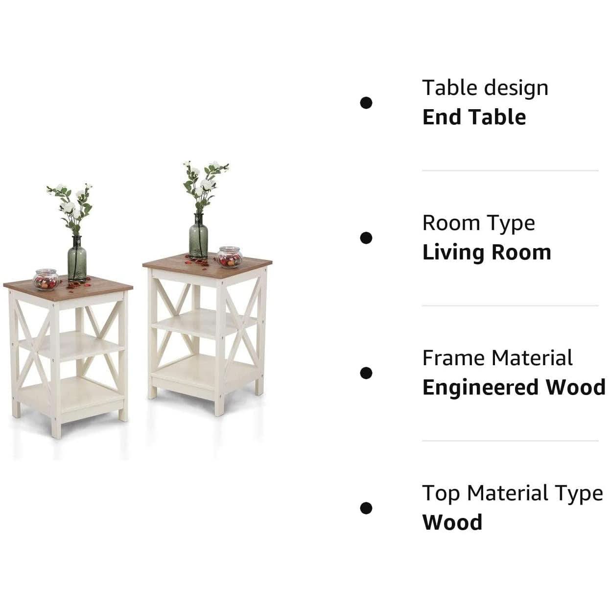 Rustic Ivory End Table Set Of 2 With Shelves 23.6 Inch